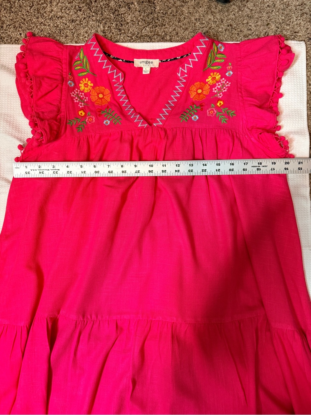 Umgee Fuchsia Boho Embroidered Pom-Pom Mini Dress L - Picture 6 of 9